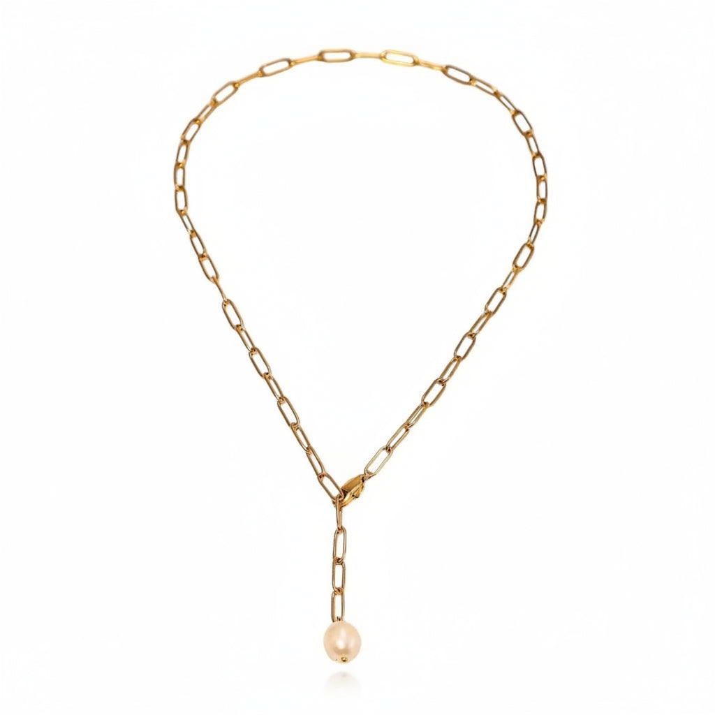 A gold-plated necklace with a paperclip chain design and a single freshwater pearl pendant at the end.