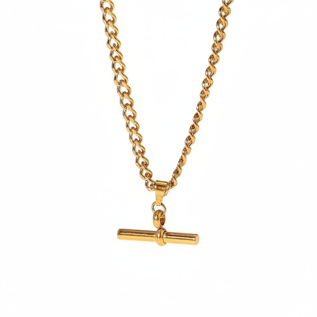 Gold-plated T-bar necklace with a curb chain design.