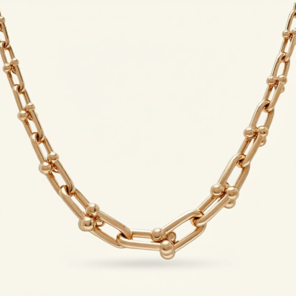 A gold-plated Tiffany link chain necklace.