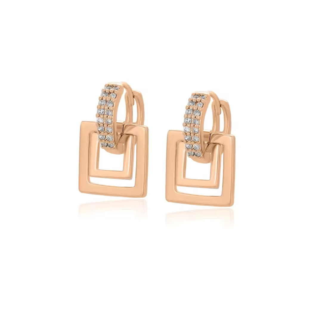 A pair of rose gold square drop earrings with a mini hoop design and embellished with sparkling zircon crystals.