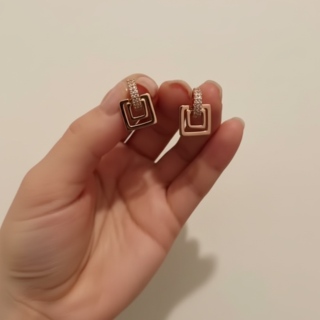 square-shaped rose gold zircon earrings